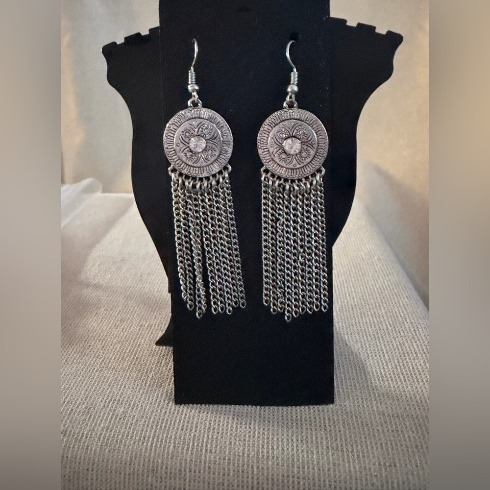 Women Silver Tassel Dangle Earrings - Floral Medallion
